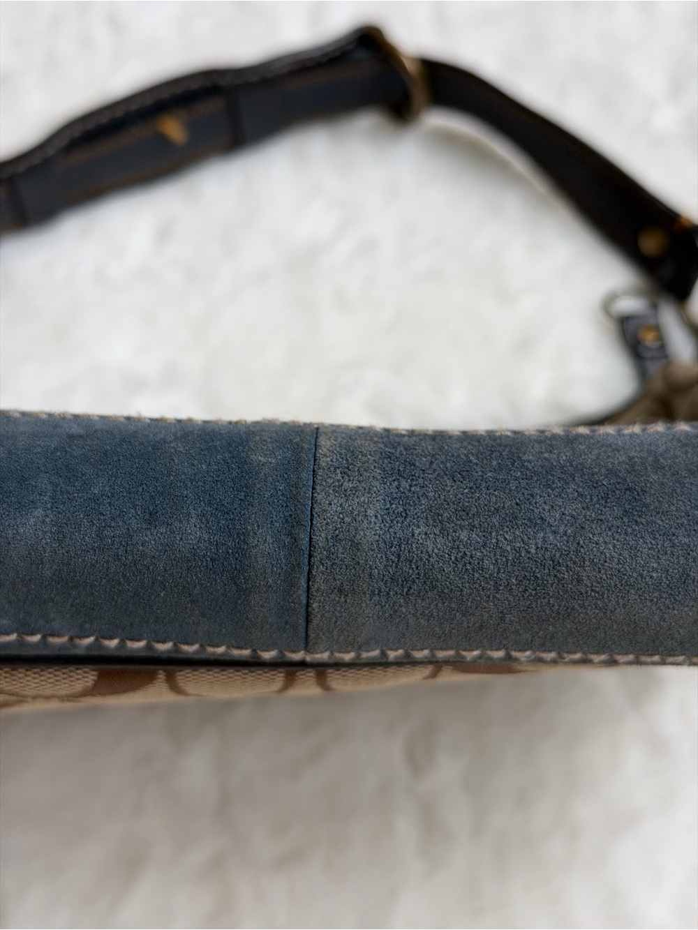 Coach Brown Logo Canvas Shoulder Bag with Dark Blue Leather Trim - Picture 9 of 10